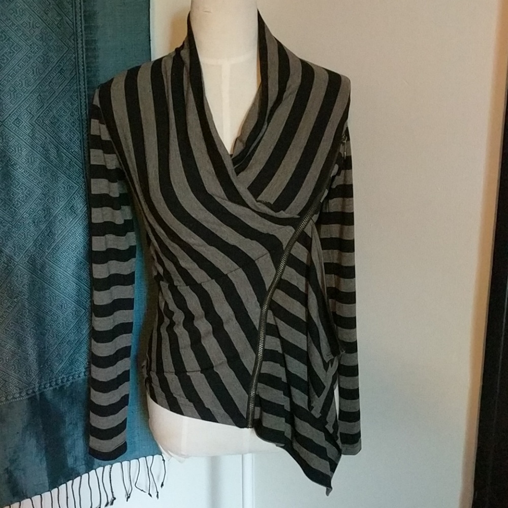 RONEN CHEN: bold stripe zipper front faux wrap top